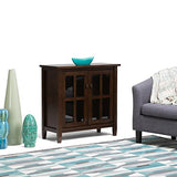 SIMPLIHOME Warm Shaker SOLID WOOD 32 inch Wide Rustic Low Storage Cabinet in Tobacco Brown, with 2 Adjustable Shelves, Tempered Glass Door SIMPLIHOME