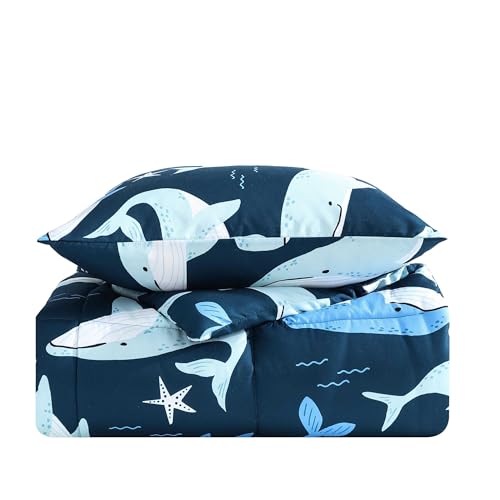 Nautica Kids - Finnian Whales Navy Twin Comforter Set, 3-Piece Bedding with Matching Shams & Throw Pillow, Kids Home Decor, Oeko-Tex Certified Nautica