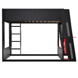 MERITLINE Queen Size Gaming Bunk Bed with Built-in Desk, RGB LED Lights & USB Port, Cable Management System & PC Tower Space, Overhead Storage Shelves, Full-Length Guardrails, Black+Grey MERITLINE