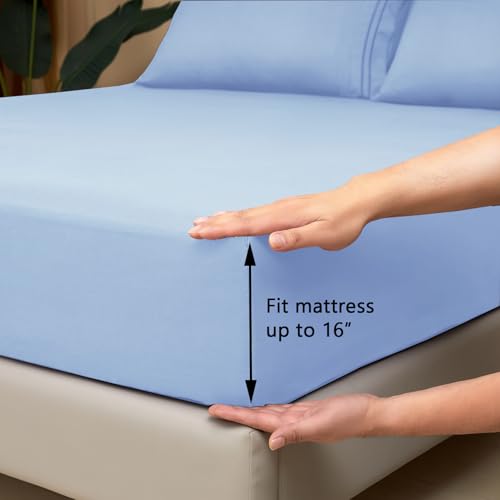 Mejoroom Queen Sheet Set - Hotel Luxury 1800 Sheets & Pillowcase Sets - Extra Soft Bed Sheets - Deep Pocket Fitted Sheet, Breathable, Wrinkle & Fade Resistant - 4 Piece (Queen,Light Blue) Mejoroom