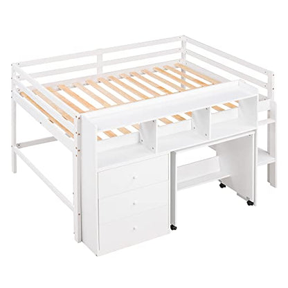 BOVZA Full Size Low Loft Bed with Portable Desk, Drawers, and Shelves in White - WoodArtSupply