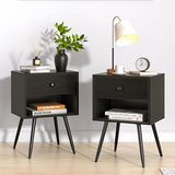 VECELO Nightstands Set of 2, Mid Century Modern End Bedside Table, Night Stand with Storage Drawer and 2 Tiers Open Shelf for Small Place, Bedroom, Living Room, Easy Assembly, Black VECELO