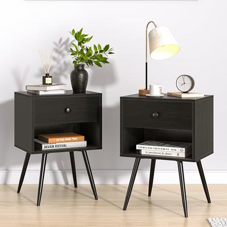 VECELO Nightstands Set of 2, Mid Century Modern End Bedside Table, Night Stand with Storage Drawer and 2 Tiers Open Shelf for Small Place, Bedroom, Living Room, Easy Assembly, Black VECELO