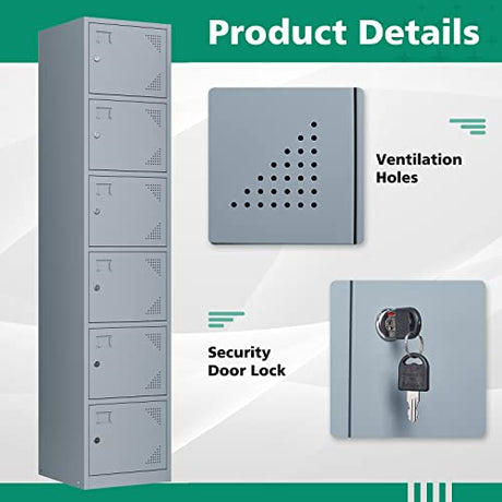 Letaya Metal Lockers for Employees,71" Steel Storage Cabinet with 6 Door Lockable for Office Staff,Home Sundries,Gym,School (Gray) Letaya