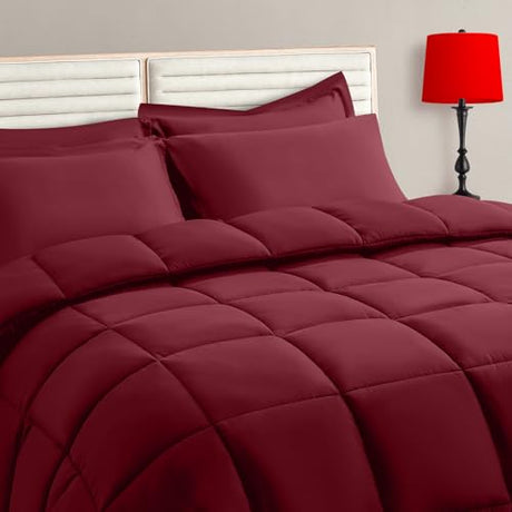 TAIMIT Burgandy King Size Comforter Set - 7 Pieces, Bed in a Bag Bedding Sets with All Season Soft Quilted Warm Fluffy Reversible Comforter,Flat Sheet,Fitted Sheet,2 Pillow Shams,2 Pillowcases TAIMIT