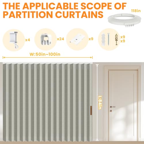 AJAZZ 100% Blackout Accordion Room Divider Curtains - with Flexible Ceiling Track Total Privacy Sound Proof Curtains Suitable for Bedroom Patio Sliding Door(Grey, W100 x L84, 1 Pack) AJAZZ