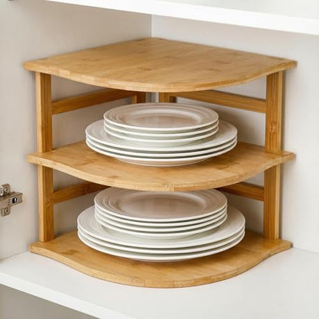 Goaste 3-Tier Bamboo Corner Shelf, Kitchen Countertop Storage Organizer, Cabinet Plate Rack for Pantry Organization, Bathroom, Desktop, 9.5 x 9.5 x 9.5 Inch Goaste