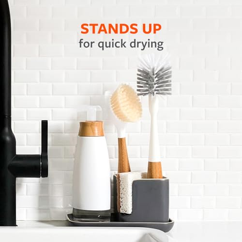 Full Circle Clean Reach Bottle Brush with Replaceable Bristle Brush Head, Bamboo Handle, White Full Circle