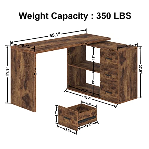 HSH L Shape Home Office Desk with Drawers, L-Shaped Computer Desk with Storage Cabinet Shelves, Wood Executive Desk for Writing Work, Reversible Study Table in Bedroom Living Room, Rustic Brown, 55 In