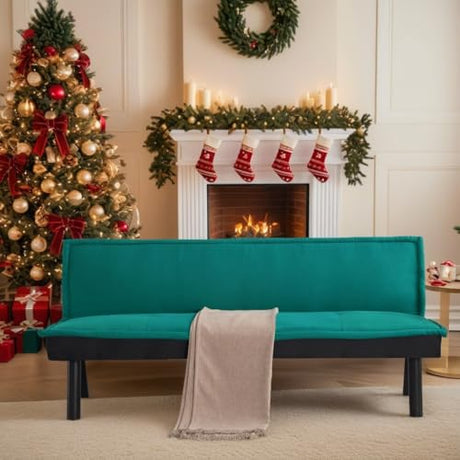 Trygoal Futon Sofa Bed Couch, 64.6" Convertible Sleeper Sofa with 5 Positions Adjustable Backrest, Velvet Couch Bed with Solid Wood Frame for Home Office Living Room Guest Dorm, Green Trygoal