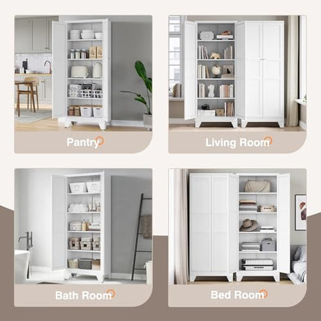 Yizosh Metal Pantry Cabinet, 75" Kitchen Pantry with 2 Door and 4 Adjustable Shelves,White Metal Pantry Storage Cabinet,Cupboard for Kitchen,Dining Room,Living Room and Bathroom Yizosh