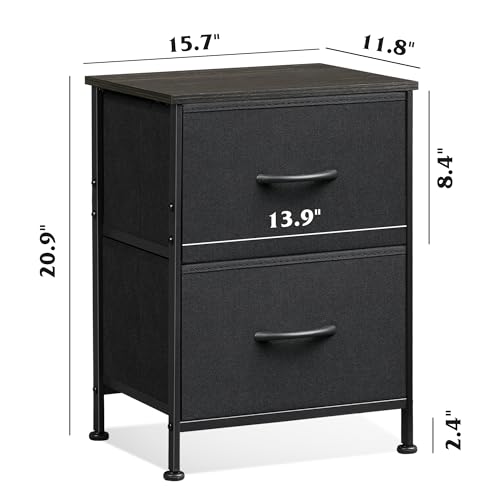 WLIVE Black Night Stand, Small Dresser with 2 Drawers & Wooden Top, Nightstand with Fabric Bins, Bedside Table End Table for Bedroom, Closet, Entryway, College Dorm, Charcoal Black WLIVE