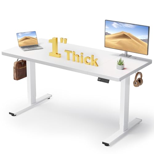 DeskShow Electric Standing Desk Adjustable - 60x28 Inch Sit Stand Desk with 1 Inch Thick Tabletop, Double Beam Frame, 3 Memory Height Adjustment, Cable Management for Home Office DeskShow