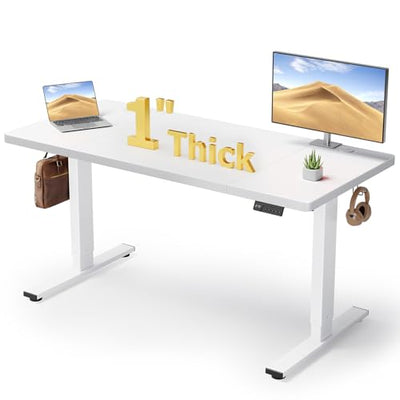 DeskShow Electric Standing Desk Adjustable - 60x28 Inch Sit Stand Desk with 1 Inch Thick Tabletop, Double Beam Frame, 3 Memory Height Adjustment, Cable Management for Home Office