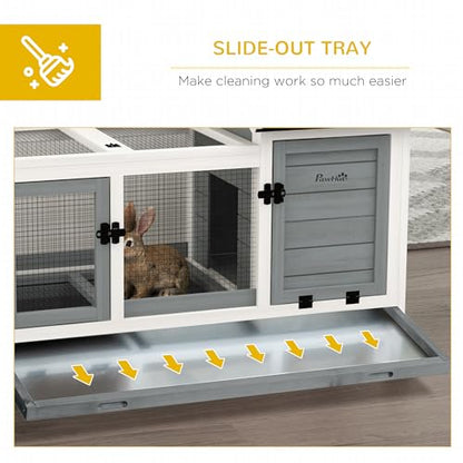 PawHut Indoor Outdoor Wooden Rabbit Hutch with Wheels, Large Bunny Hutch with Run & Slide-Out Tray for Small Animals, Guinea Pig, Gray - WoodArtSupply