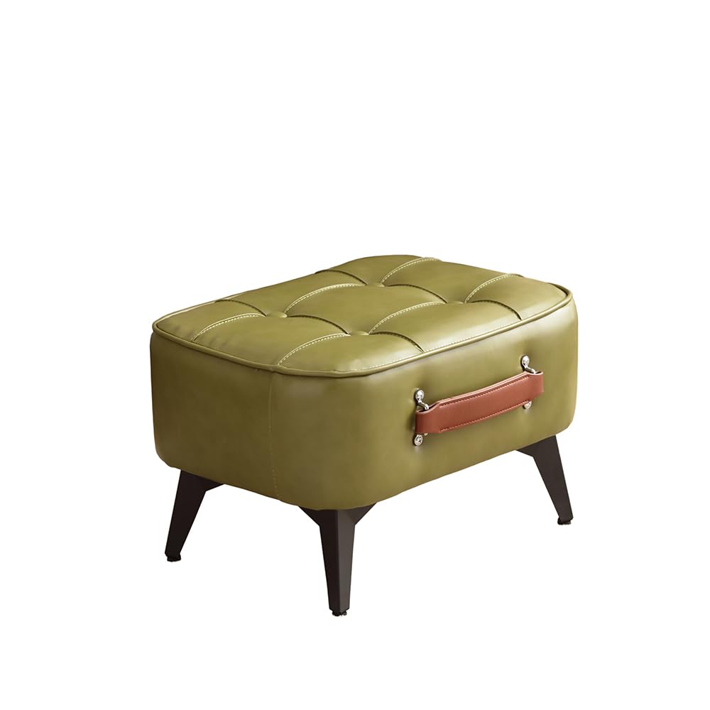 1pc Vintage Style Faux Leather Ottoman Footstool - Wooden Frame, Upholstered Interior, Multi-Use Footrest for Living Room, Entryway, Office (Azure Green) Generic