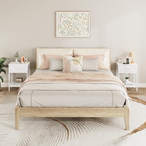 Vagusicc White Nightstand with Charging Station, End Table with Fabric Drawer, Small Side Table with 2-Tier Storage Shelves, 25.4" Tall Bedside Table, White Night Stand for Bedroom, Living Room, Dorm Vagusicc