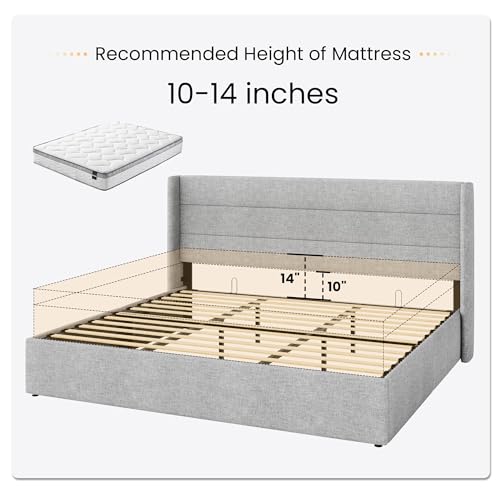 SHA CERLIN King Size Lift Up Storage Bed/Modern Wingback Headboard/Upholstered Platform Bed Frame/Hydraulic Storage/No Box Spring Needed/Wood Slats Support/Light Grey SHA CERLIN