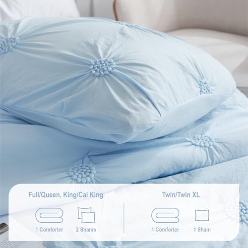 Swift Home Twin/Twin XL Baby Blue Comforter Set - Ruched 3D Floral Pintuck Bedding Set - 2 Pieces Bed Linen, 1 Comforter and 1 Pillow Sham Swift Home