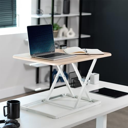 VIVO Ultra-Slim Single Top Height Adjustable Standing Desk Riser, Compact Sit Stand Desktop Converter for Monitor or Laptop, Light Wood, DESK-V001JF VIVO