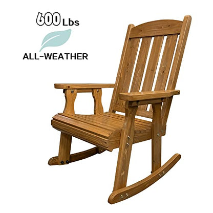 Wooden Rocking Chair with Comfortable Backrest Inclination, High Backrest and Deep Contoured Seat, Solid Fir Wood, Heavy Duty 600 LBS, for Both Outdoor and Indoor, Backyard, Porch and Patio - WoodArtSupply