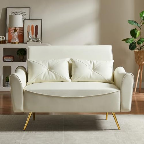 Chfeloai 48" Faux Leather Loveseat, Mid Century Modern Futon Sofa with 2 Pillows, Small Couch for Small Space, Living Room, Bedroom, Apartment, Home Office (Off-White) Chfeloai