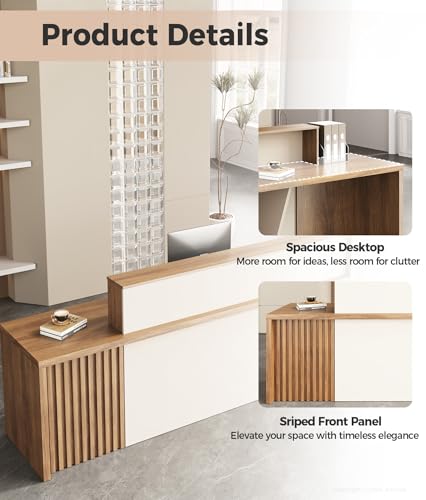 Anzhap 94" L-Shaped Reception Desk with Counter — Front Desk Reception Counter with Lockable Drawer, Storage Cabinet & Double Countertop for Office, Lobby, Checkout (Oak & Cream White) Anzhap