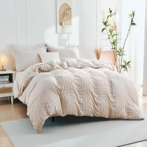 HYMOKEGE Beige Duvet Cover Queen Size, Ultra Soft 3-Piece Seersucker Duvet Cover Set with Zipper Closure, Soft Brushed Microfiber Bedding Set with 8 Corner Ties (90"x90", 2 Pillowshams) HYMOKEGE