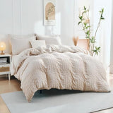 HYMOKEGE Beige Duvet Cover Queen Size, Ultra Soft 3-Piece Seersucker Duvet Cover Set with Zipper Closure, Soft Brushed Microfiber Bedding Set with 8 Corner Ties (90"x90", 2 Pillowshams) HYMOKEGE