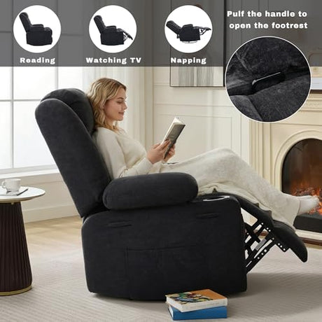 GAOHAPPY Swivel Rocker Recliner Chair, Manual Recliner Single Sofa with Cup Holders and Side Pocket, Chenille Fabric, Upholstered Nursery Rocking Chair for Living Room, Bedroom, Black GAOHAPY