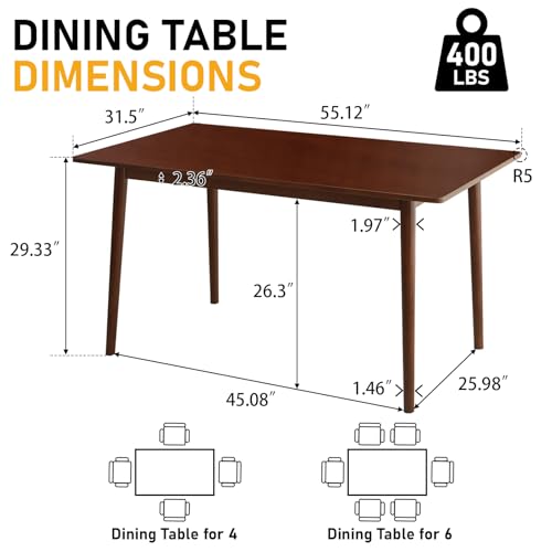 BAKEVE Bamboo Dining Table for 4-6-8 Person- 55'' Solid Wood Kitchen Table, Mid Century Modern Desk, Farmhouse Rectangular Dining Room Table for Living Room, Office, Kitchen and Study (Walnut) Baveke