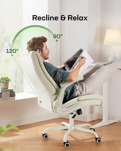 Marsail Executive Office Chair with Flip-up Armrests,PU Leather Ergonomic Desk Chair Height-Adjustable Swivel Rolling Desk Chair (White) Marsail