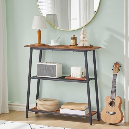 HOOBRO Narrow Console Table, 3-Tier Small Entryway Table with Storage Shelves, Behind Couch Sofa Table, Hallway Table for Entryway, Foyer, Hallway, Living Room, Rustic Brown and Black BF62XG01 HOOBRO