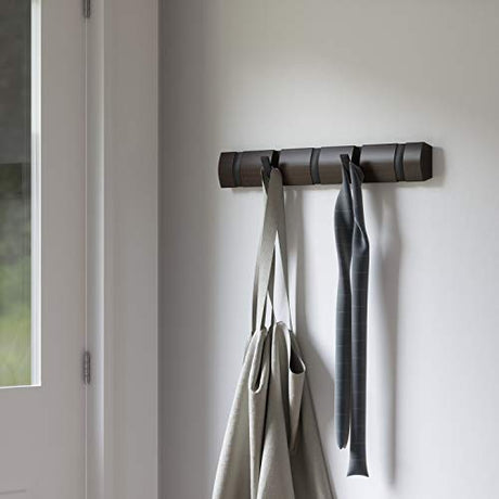 Umbra Flip Wall-Mounted Coat Rack Rail Hook for Hats, Jackets, Bags and More – Modern, Space-Saving Storage Organizer for Entryway, Mudroom, Closet, Bathroom, Bedroom, Kids Room, or Nursery, 5 Hooks, Walnut/Black Umbra