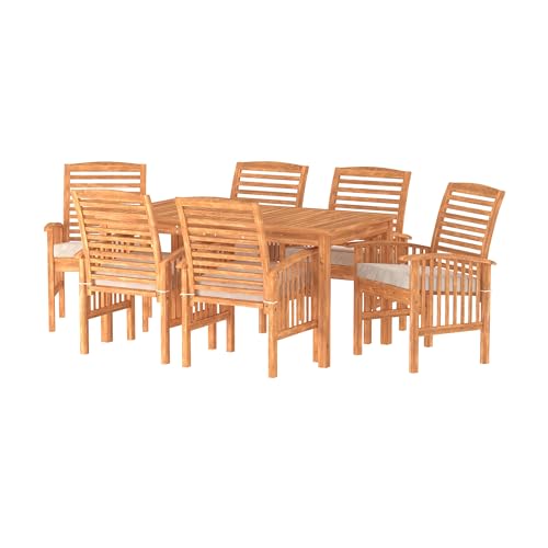 Walker Edison Rendezvous Modern 7 Piece Solid Acacia Wood Outdoor Dining Set, Set of 7, Brown Walker Edison