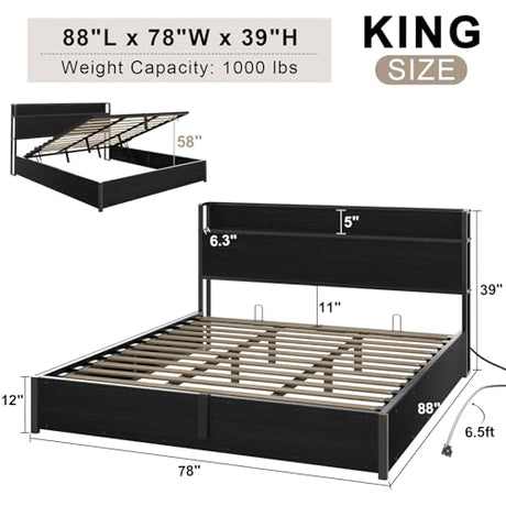 AMERLIFE King Size Lift Up Storage Bed Frame, Wooden Platform Bed Frame with Lifting Storage & Charging Station, No Spring Box Needed/Noise Free, Black AMERLIFE