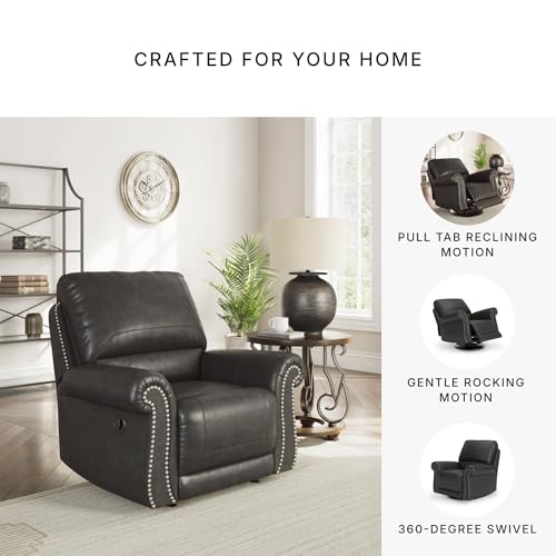Signature Design by Ashley Chatterton Classic Faux Leather Manual Rocker Swivel Glider Recliner with Nailhead Trim, Black Signature Design by Ashley