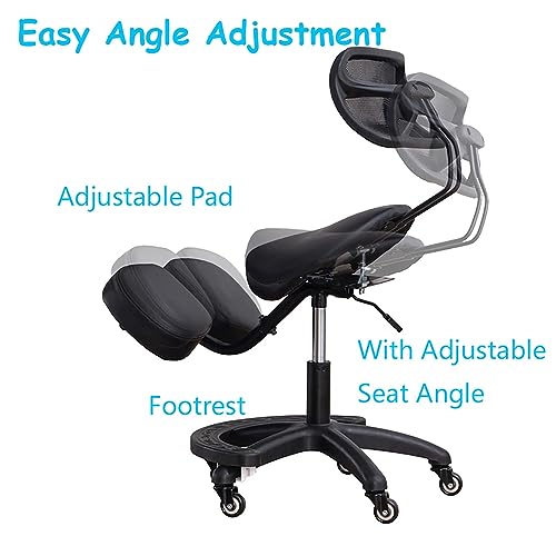 TUJOBA Modern Ergonomic Saddle Seat Kneeling Chair with Backrest, 360 Degrees Swivel Mobile Angled Posture Stool for Office, Black Leather TUJOBA