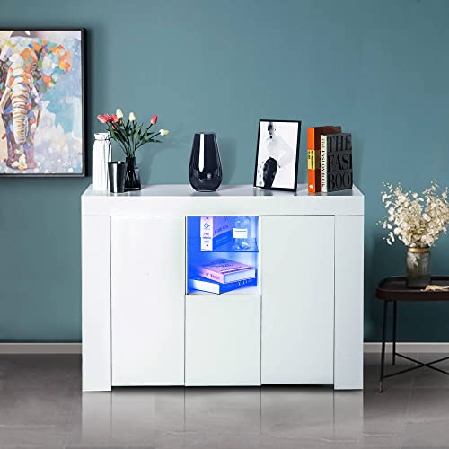 MazeStone Modern High Gloss Sideboard Buffet Storage Cabinet with Led Lights, Kitchen Sideboard with Storage White Buffet Table with Open Shelves Wooden Bar Cabinet for Dining Room Hallway Living Room