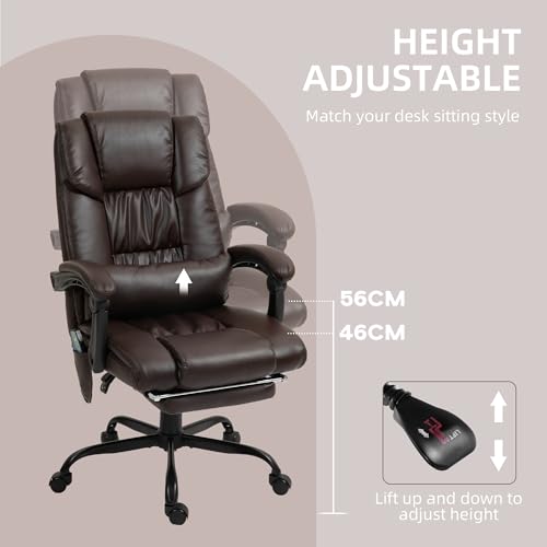 Vinsetto High Back Massage Office Chair with 6 Vibration Points, PU Leather Reclining Computer Chair, Ergonomic Desk Chair with Footrest Adjustable Height and Remote, Brown Vinsetto