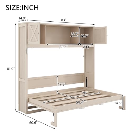 Merax Full Size Murphy Bed with Storage Cabinets, Rustic Solid Wood Wall Bed with 3 Cabinet Shelves, Space Saving Foldable Bed for Studio Apartment, Guest Room, Home Office, Beige Merax