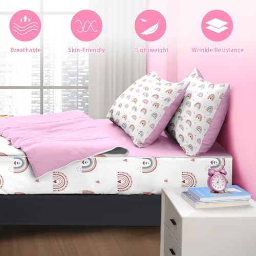 Nesker Zipper Bedding Full Rainbow Heart Zip Up Bedding Set for Girls and Kids, Pink Boho 3 Pcs Comforter Bed in a Bag with Fitted Sheet and 2 Pcs Pillowcases Nesker
