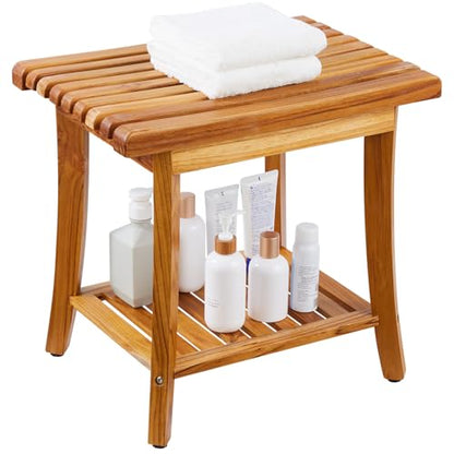 VEVOR Teak Shower Bench, 20in Waterproof Wood Shower Stool with Storage Shelf Non-Slip Foot Pads, 400 lbs Load Capacity Shower Chair Seat, for Bathroom Indoor and Outdoor Use - WoodArtSupply