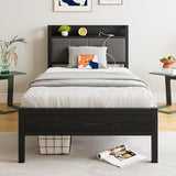 BOFENG Twin Bed Frame with Storage Headboard/USB Charging Station,Heavy Duty Metal Upholstered Single Platform Bed Frame Twin Size No Box Spring Needed,Heavy Duty Metal Slats,Noise Free,Black BOFENG