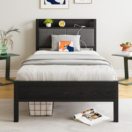 BOFENG Twin Bed Frame with Storage Headboard/USB Charging Station,Heavy Duty Metal Upholstered Single Platform Bed Frame Twin Size No Box Spring Needed,Heavy Duty Metal Slats,Noise Free,Black BOFENG