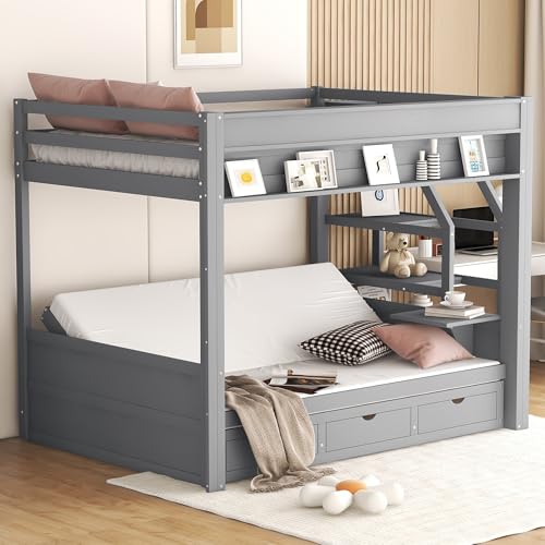 HRJHLucky Full Size Convertible Futon Bunk Bed with Storage Staircase, Bedside Table and 3 Drawers (Gray) HRJHLucky