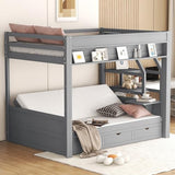 HRJHLucky Full Size Convertible Futon Bunk Bed with Storage Staircase, Bedside Table and 3 Drawers (Gray) HRJHLucky