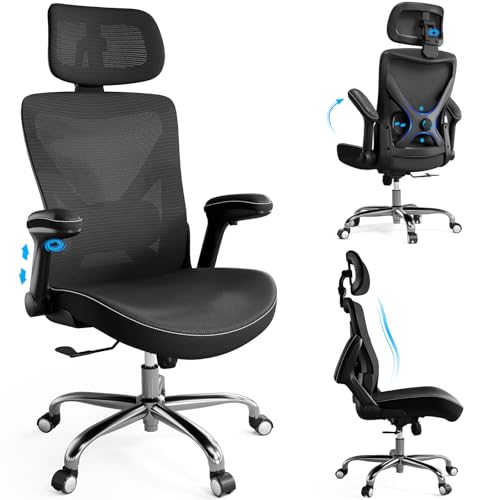 Ergalithic Ergonomic Office Chair-Computer X-Shaped Chair Mesh PU Leather with Adjustable Lumbar Support-Executive Desk Chair High Back with Headrest Flip-Up Arms for Long Hours (Black) Ergalithic
