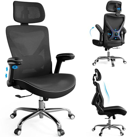 Ergalithic Ergonomic Office Chair-Computer X-Shaped Chair Mesh PU Leather with Adjustable Lumbar Support-Executive Desk Chair High Back with Headrest Flip-Up Arms for Long Hours (Black) Ergalithic