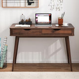 Tangkula Mid Century Desk with 2 Storage Drawers, Modern Writing Study Desk with Rubber Wood Legs, Versatile Home Office Study Desk for Small Space, Vanity Table for Bedroom (Walnut) Tangkula